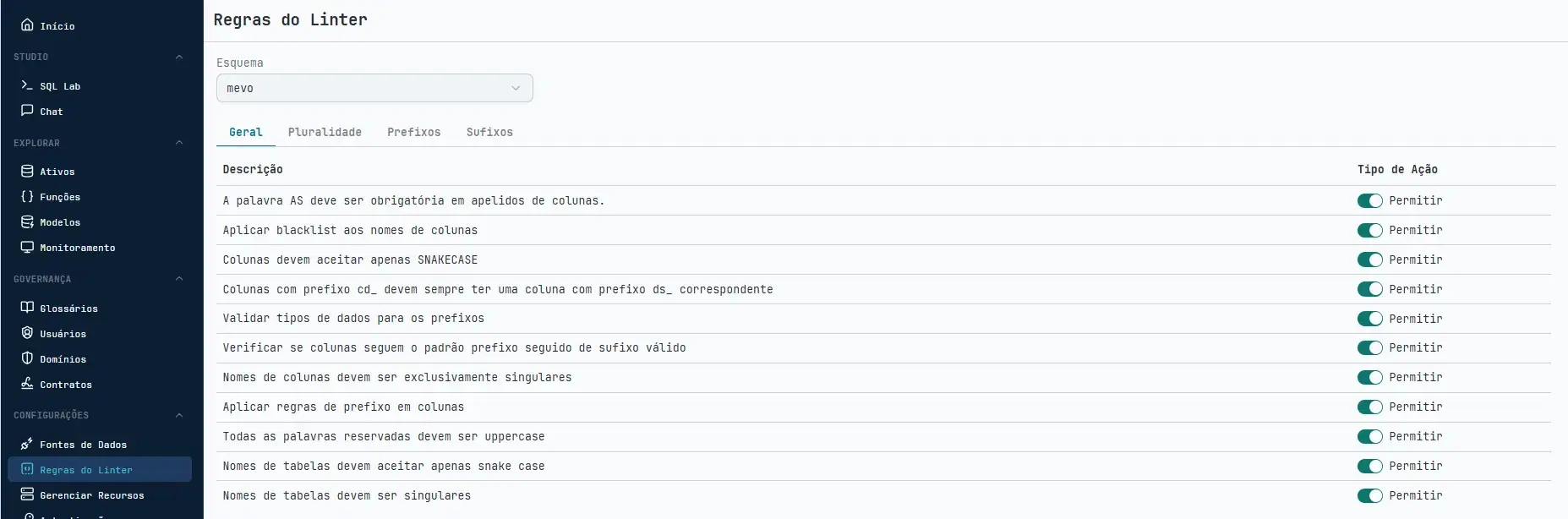 Tela real da Qorix: Regras do linter